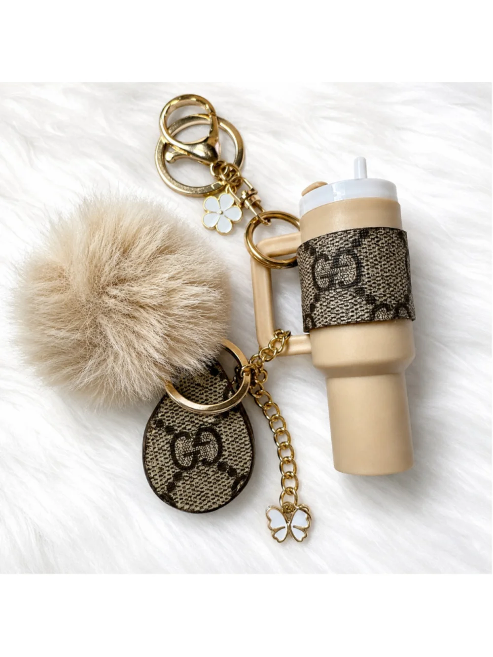 Handcrafted Mini Tumbler Lip Balm Holder Keychain w/ Authentic Gucci Canvas & Po